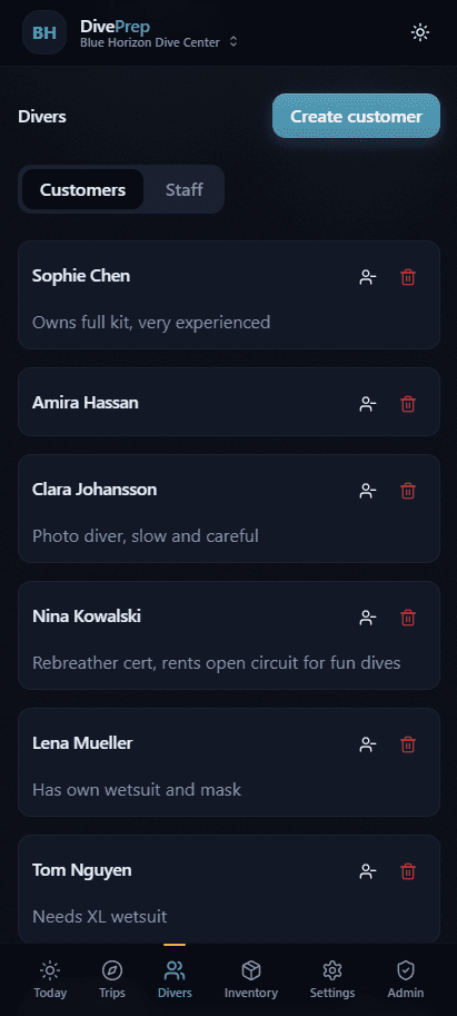 Divers page showing customer list with notes