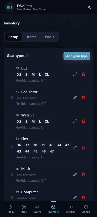 Inventory page showing gear types and shop defaults