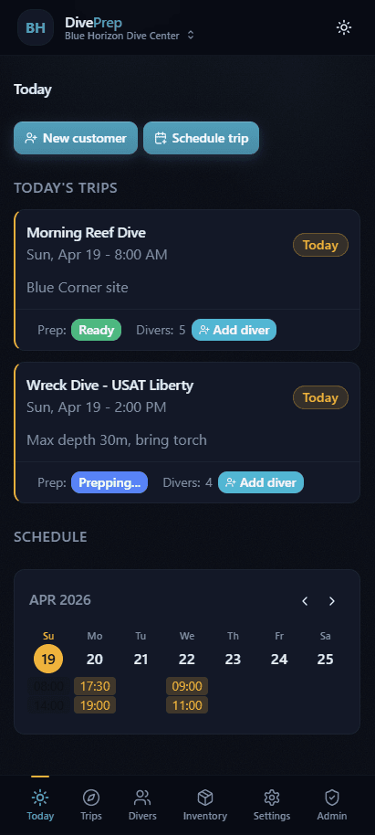 Today page showing upcoming trips and quick actions
