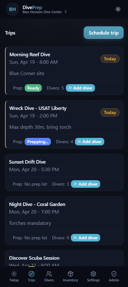 Trips list showing upcoming dives at Blue Horizon Dive Center